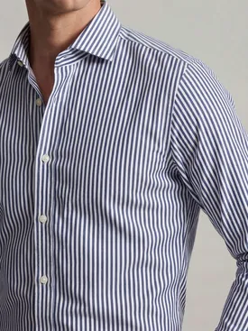Easy-iron navy blue striped twill shirt